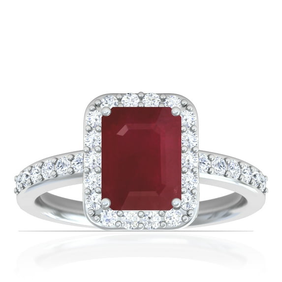 GemsNY July Birthstone - Classic Emerald Cut Prong Set Ruby Halo Ring with Prong Set Diamonds (Grade - A | 2.20cttw)