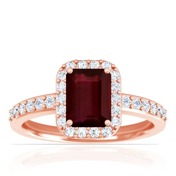GemsNY July Birthstone - Classic Emerald Cut Prong Set Ruby Halo Ring with Prong Set Diamonds (Grade - AA | 1.51cttw)