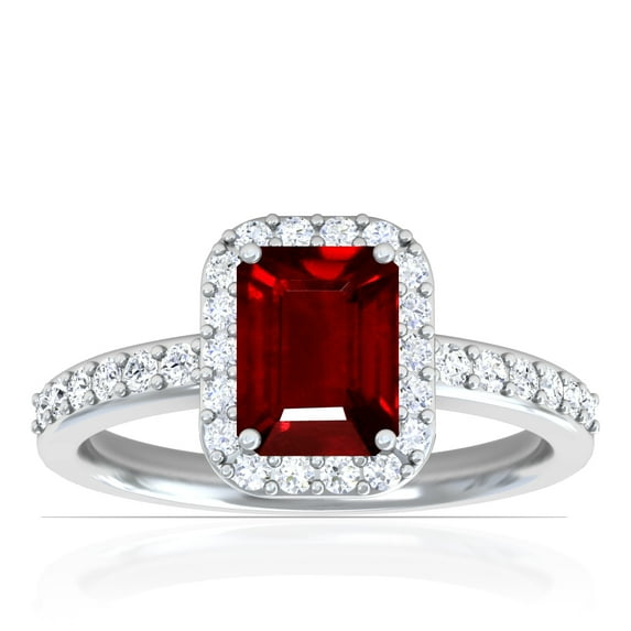GemsNY July Birthstone - Classic Emerald Cut Prong Set Ruby Halo Ring with Prong Set Diamonds (Grade - AAA | 1.51cttw)