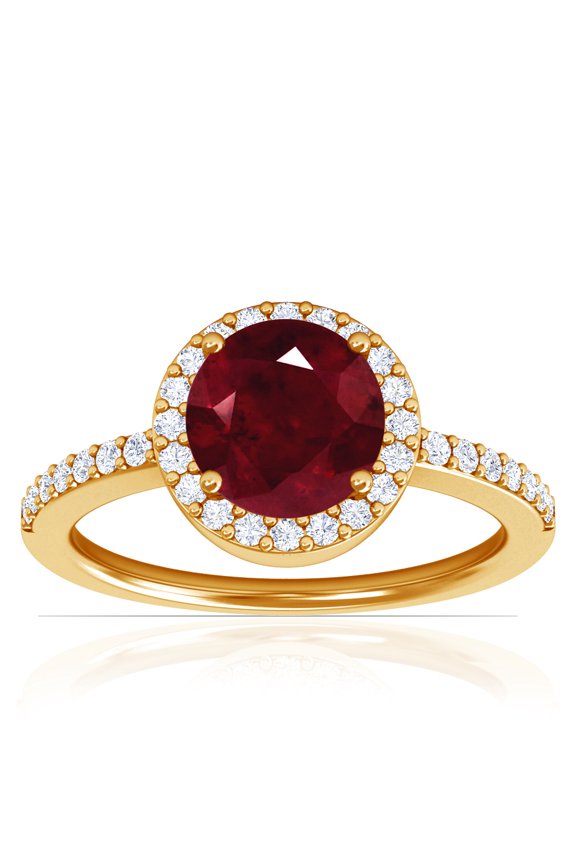 July Birthstone - Classic Round Ruby Halo Ring with Prong Set Diamonds (Grade - AA | 1.85cttw)
