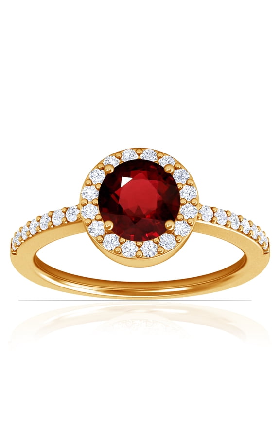 July Birthstone - Classic Round Ruby Halo Ring with Prong Set Diamonds (Grade - AAA | 1.35cttw)