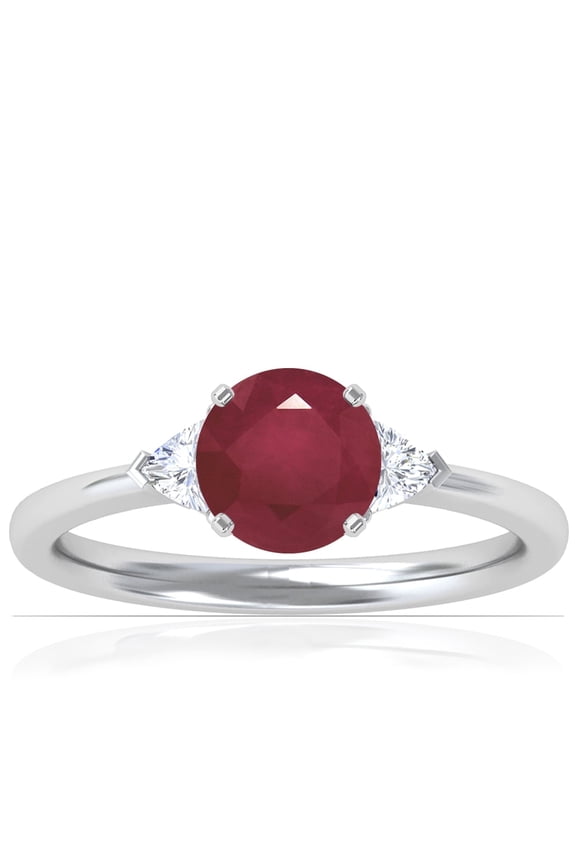 July Birthstone - Classic Round Ruby Three Stone Ring with Trillion Cut Side Diamonds For Women For Women (Grade - A | 0.89cttw)