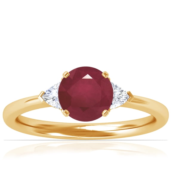 GemsNY July Birthstone - Classic Round Ruby Three Stone Ring with Trillion Cut Side Diamonds For Women (Grade - A | 0.89cttw)