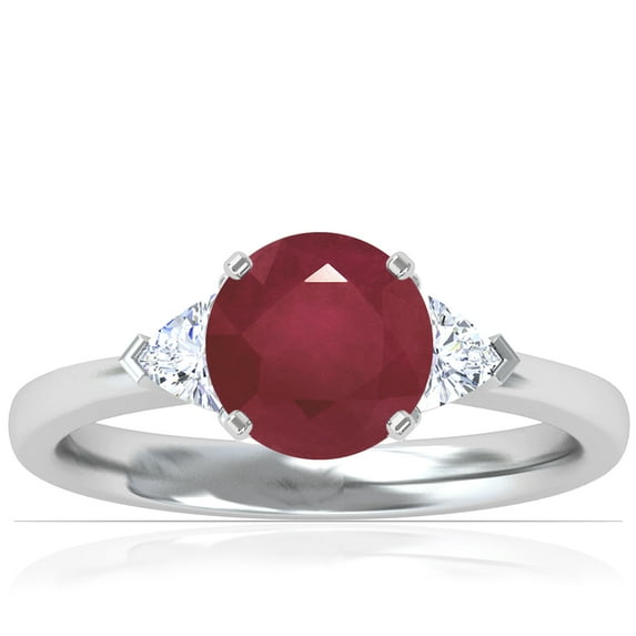 GemsNY July Birthstone - Classic Round Ruby Three Stone Ring with Trillion Cut Side Diamonds (Grade - A | 1.29cttw)