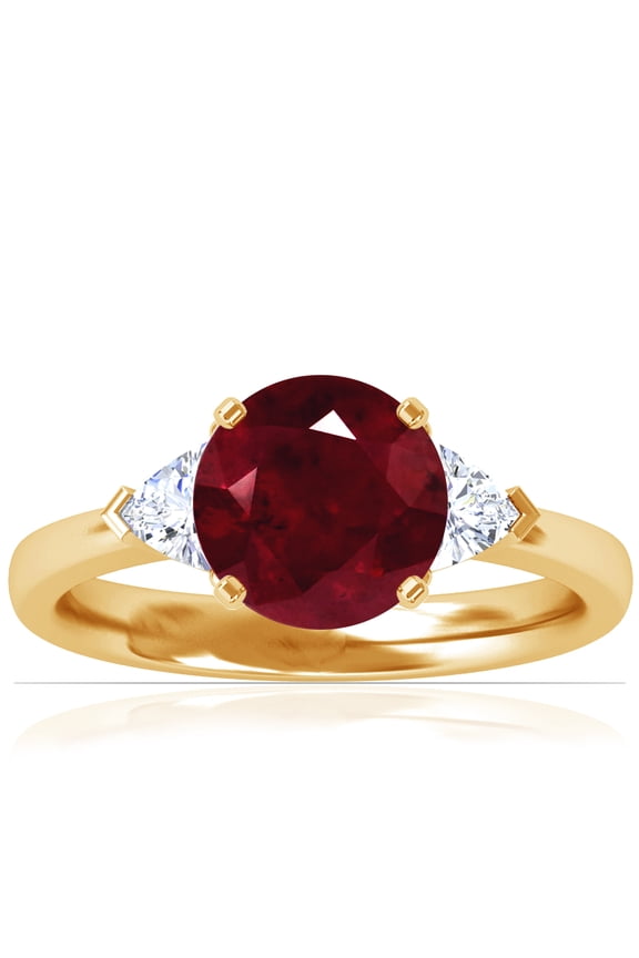 July Birthstone - Classic Round Ruby Three Stone Ring with Trillion Cut Side Diamonds (Grade - AA | 2.05cttw)
