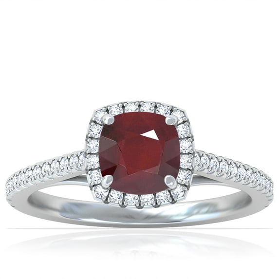 GemsNY July Birthstone - Classic Square Cushion Ruby Halo Ring with Pave Set Diamonds (Grade - A | 1.01cttw)