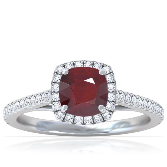 GemsNY July Birthstone - Classic Square Cushion Ruby Halo Ring with Pave Set Diamonds (Grade - A | 1.01cttw)