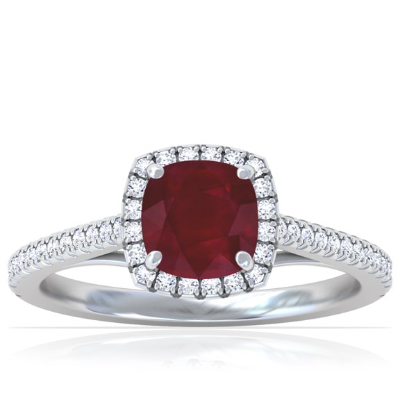 GemsNY July Birthstone - Classic Square Cushion Ruby Halo Ring with Pave Set Diamonds (Grade - AA | 1.01cttw)