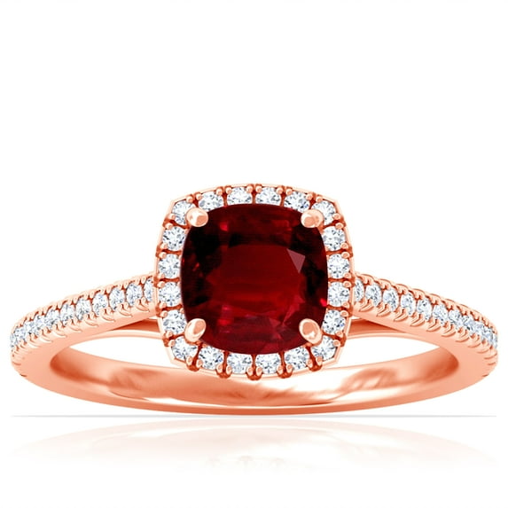 GemsNY July Birthstone - Classic Square Cushion Ruby Halo Ring with Pave Set Diamonds (Grade - AAA | 1.01cttw)