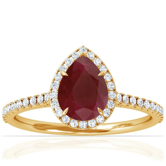 GemsNY July Birthstone - Dainty Pear Shape Ruby Halo Ring with Pave Set Diamonds (Grade - A | 1.60cttw)