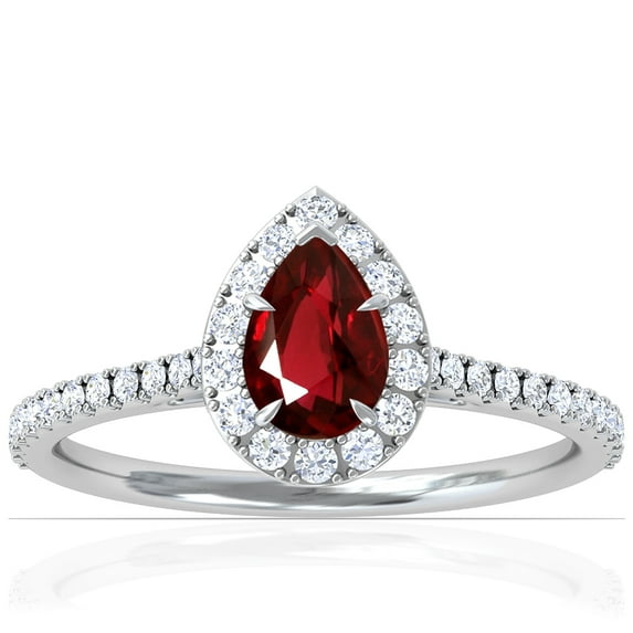GemsNY July Birthstone - Dainty Pear Shape Ruby Halo Ring with Pave Set Diamonds (Grade - AAA | 0.83cttw)