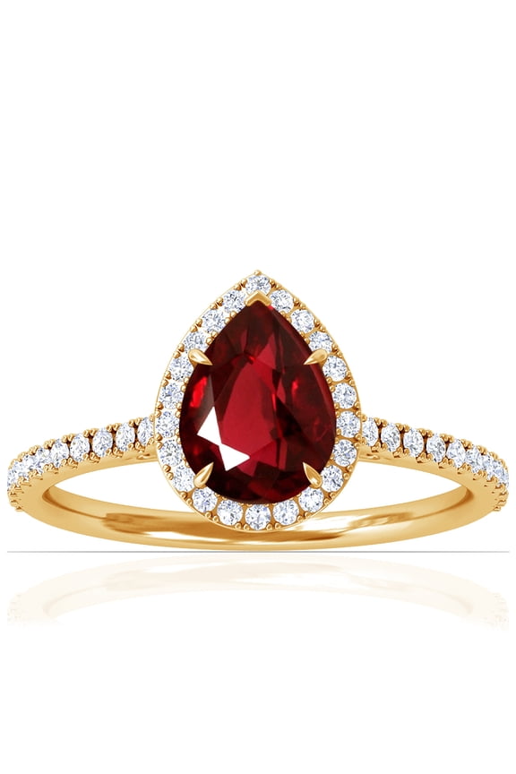July Birthstone - Dainty Pear Shape Ruby Halo Ring with Pave Set Diamonds (Grade - AAA | 1.60cttw)