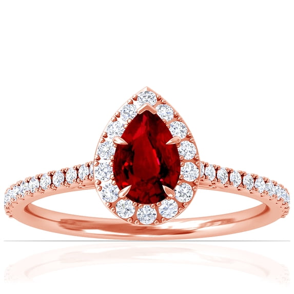 GemsNY July Birthstone - Dainty Pear Shape Ruby Halo Ring with Pave Set Diamonds (Grade - AAAA | 1.23cttw)