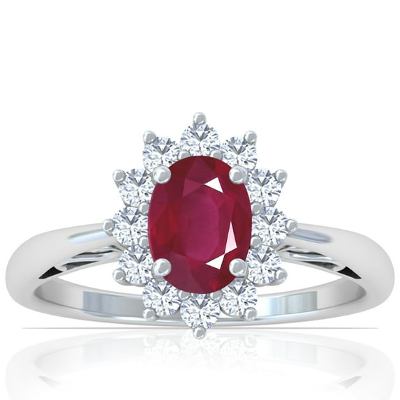 GemsNY July Birthstone - Four Prong Princess Diana Inspired Oval Ruby Halo Ring (Grade - A | 1.48cttw)