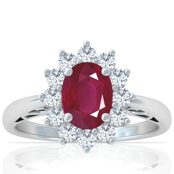 GemsNY July Birthstone - Four Prong Princess Diana Inspired Oval Ruby Halo Ring (Grade - A | 2.15cttw)