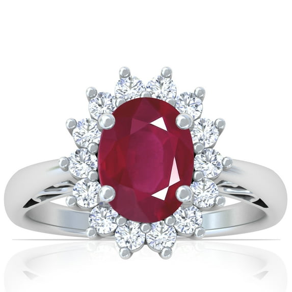 GemsNY July Birthstone - Four Prong Princess Diana Inspired Oval Ruby Halo Ring (Grade - A | 2.85cttw)