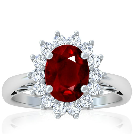 GemsNY July Birthstone - Four Prong Princess Diana Inspired Oval Ruby Halo Ring (Grade - AAA | 2.85cttw)
