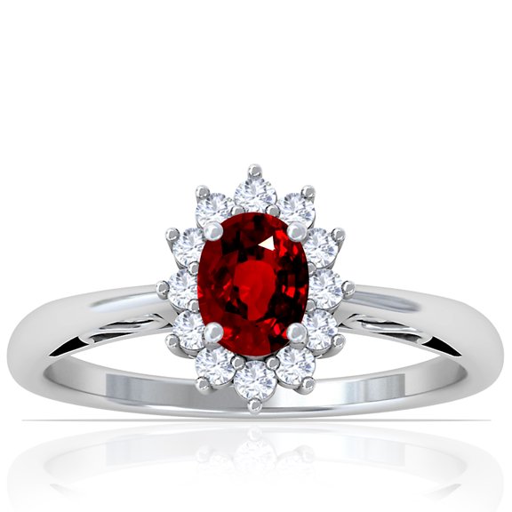 GemsNY July Birthstone - Four Prong Princess Diana Inspired Oval Untreated Ruby Halo Ring (Grade - AAAAA | 0.92cttw)