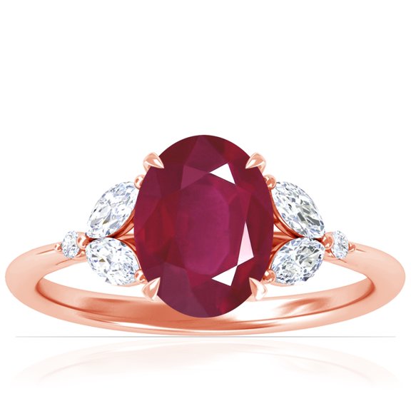 GemsNY July Birthstone - Petite Oval Ruby Ring with Round and Marquise Side Diamonds (Grade - A | 3.78cttw)