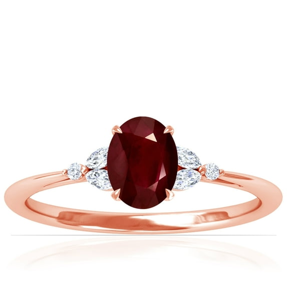 GemsNY July Birthstone - Petite Oval Ruby Ring with Round and Marquise Side Diamonds (Grade - AA | 1.08cttw)