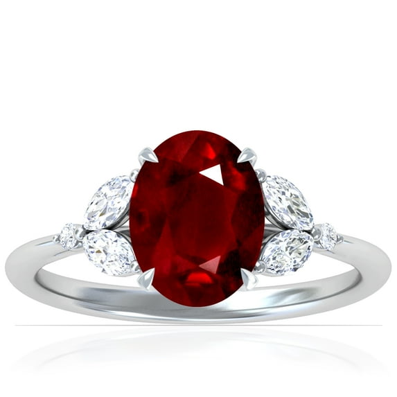 GemsNY July Birthstone - Petite Oval Ruby Ring with Round and Marquise Side Diamonds (Grade - AAA | 3.78cttw)