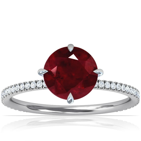 GemsNY July Birthstone - Round Prong Set Ruby Hidden Halo Ring with Petite Pave Set Band For Women (Grade - AA | 0.99cttw)