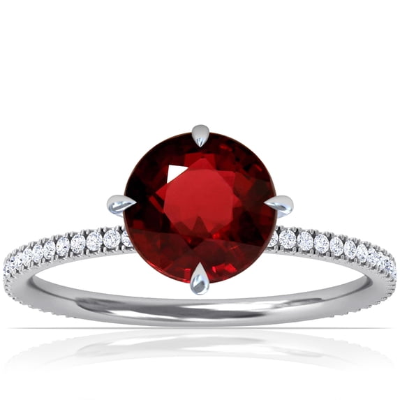 GemsNY July Birthstone - Round Prong Set Ruby Hidden Halo Ring with Petite Pave Set Band For Women (Grade - AAA | 0.99cttw)