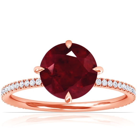 GemsNY July Birthstone - Round Prong Set Ruby Hidden Halo Ring with Petite Pave Set Band (Grade - AA | 1.39cttw)
