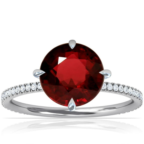 GemsNY July Birthstone - Round Prong Set Ruby Hidden Halo Ring with Petite Pave Set Band (Grade - AAA | 1.89cttw)