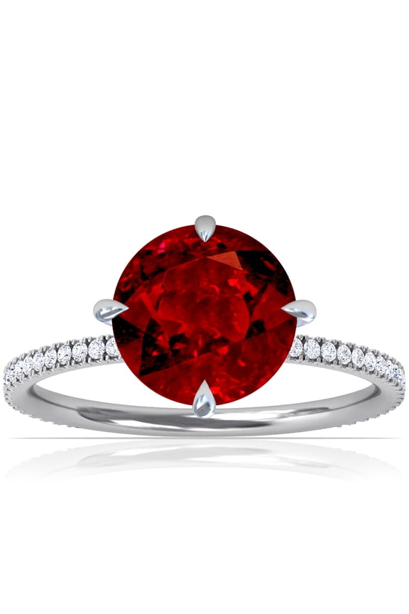July Birthstone - Round Prong Set Ruby Hidden Halo Ring with Petite Pave Set Band (Grade - AAAA | 1.89cttw)