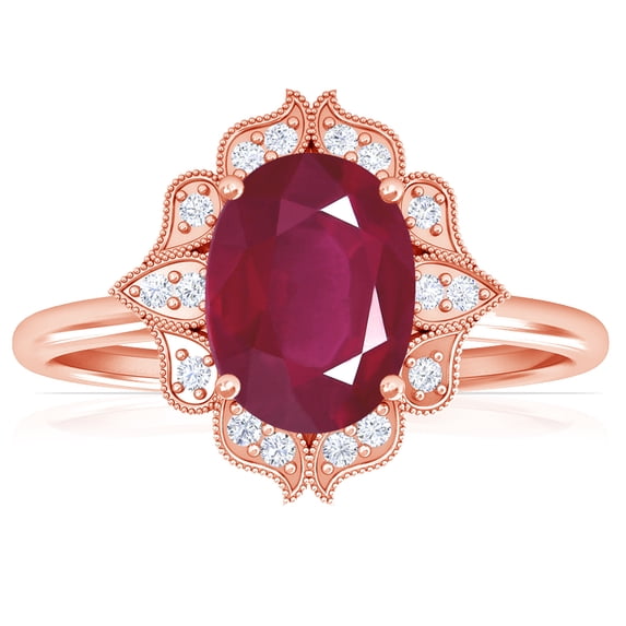 GemsNY July Birthstone - Vintage Oval Ruby Ring with Pave Set Diamond Halo (Grade - A | 1.12cttw)