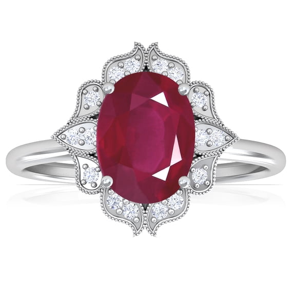 GemsNY July Birthstone - Vintage Oval Ruby Ring with Pave Set Diamond Halo (Grade - A | 1.12cttw)