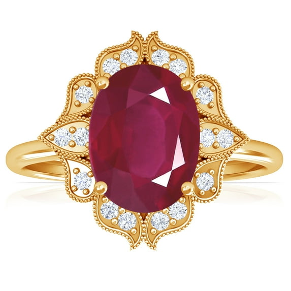 GemsNY July Birthstone - Vintage Oval Ruby Ring with Pave Set Diamond Halo (Grade - A | 2.38cttw)