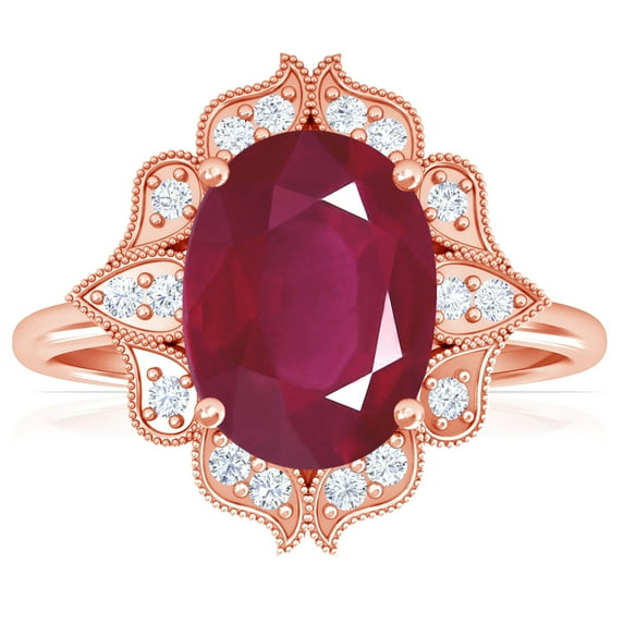GemsNY July Birthstone - Vintage Oval Ruby Ring with Pave Set Diamond Halo (Grade - A | 3.48cttw)