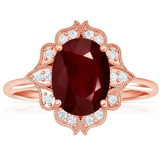 GemsNY July Birthstone - Vintage Oval Ruby Ring with Pave Set Diamond Halo (Grade - AA | 1.68cttw)