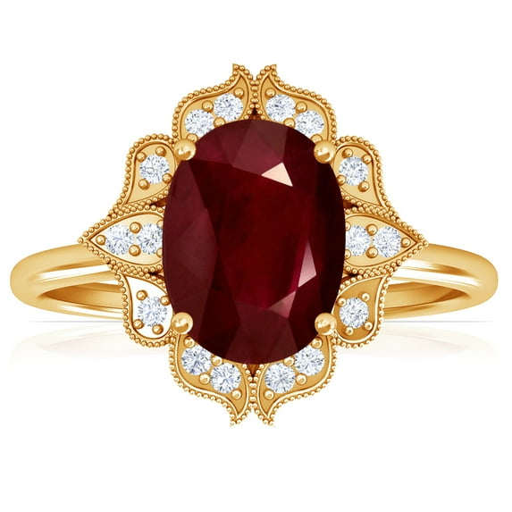 GemsNY July Birthstone - Vintage Oval Ruby Ring with Pave Set Diamond Halo (Grade - AA | 1.68cttw)