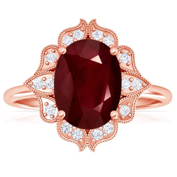 GemsNY July Birthstone - Vintage Oval Ruby Ring with Pave Set Diamond Halo (Grade - AA | 2.38cttw)