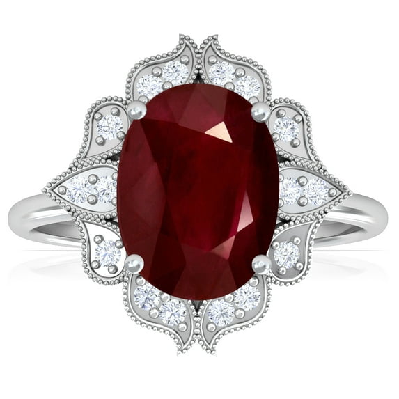 GemsNY July Birthstone - Vintage Oval Ruby Ring with Pave Set Diamond Halo (Grade - AA | 3.48cttw)