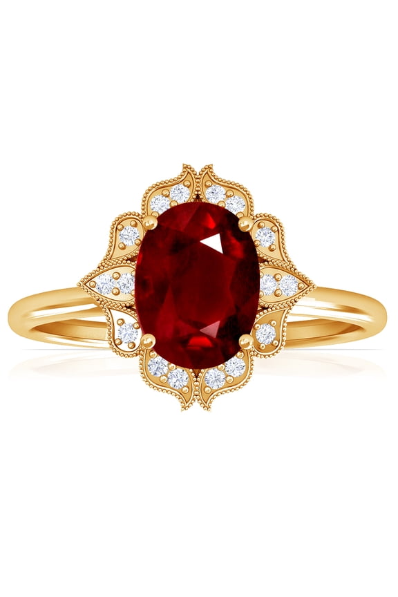 July Birthstone - Vintage Oval Ruby Ring with Pave Set Diamond Halo (Grade - AAA | 0.77cttw)