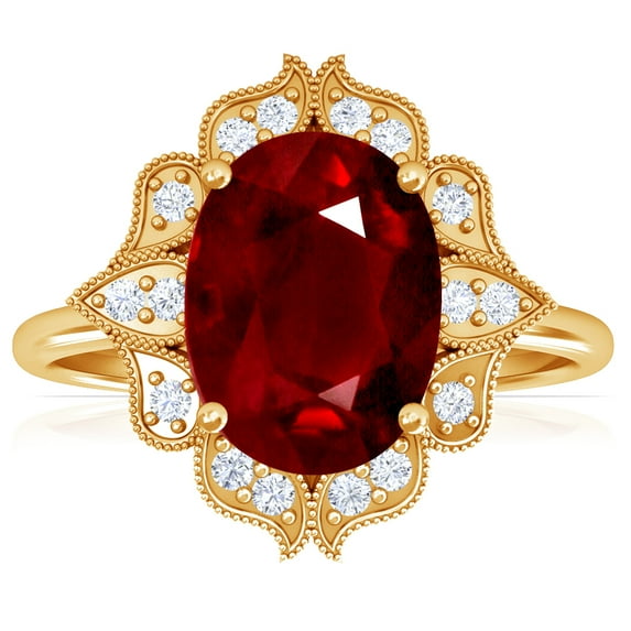 GemsNY July Birthstone - Vintage Oval Ruby Ring with Pave Set Diamond Halo (Grade - AAA | 3.48cttw)