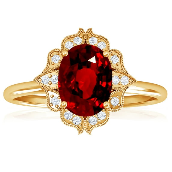 GemsNY July Birthstone - Vintage Oval Ruby Ring with Pave Set Diamond Halo (Grade - AAAA | 0.77cttw)