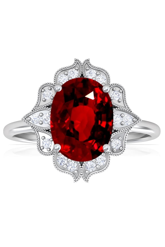 July Birthstone - Vintage Oval Ruby Ring with Pave Set Diamond Halo (Grade - AAAA | 2.38cttw)