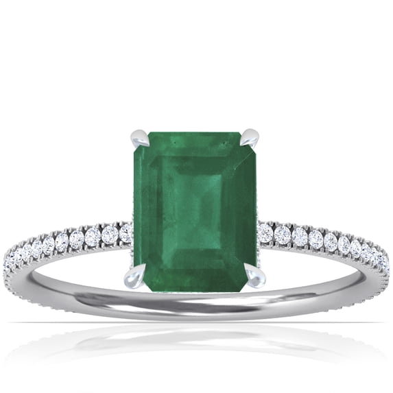 GemsNY May Birthstone - Emerald Cut Prong Set Emerald Hidden Halo Ring with Petite Pave Set Band For Women (Grade - A | 1.34cttw)