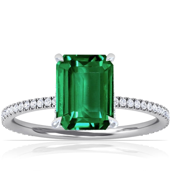 GemsNY May Birthstone - Emerald Cut Prong Set Emerald Hidden Halo Ring with Petite Pave Set Band For Women (Grade - AAA | 1.84cttw)