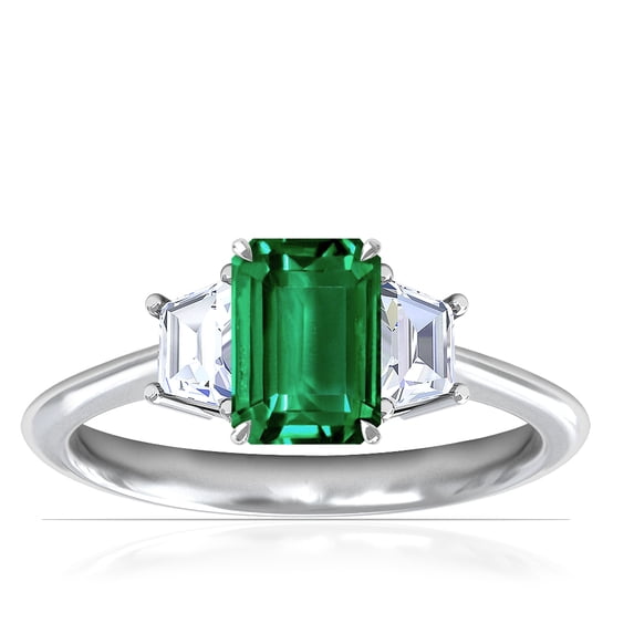 GemsNY May Birthstone - Three Stone Ring Emerald Cut Emerald with Prong Set Trapezoid Side Diamonds For Women (Grade - AAA | 1.10cttw)