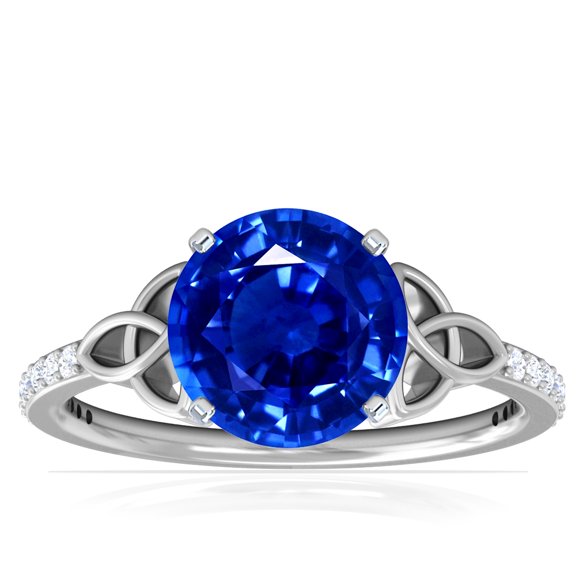 GemsNY September Birthstone - Celtic Prong Set Round Untreated Blue Sapphire Ring with Prong Set Diamonds For Women (Grade - AAAAA | 2.39cttw)