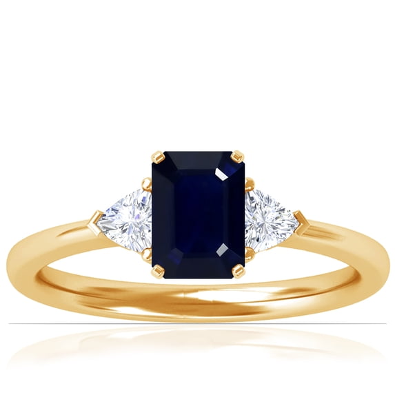 GemsNY September Birthstone - Classic Emerald Cut Blue Sapphire Three Stone Ring with Trillion Cut Side Diamonds For Women (Grade - A | 0.94cttw)