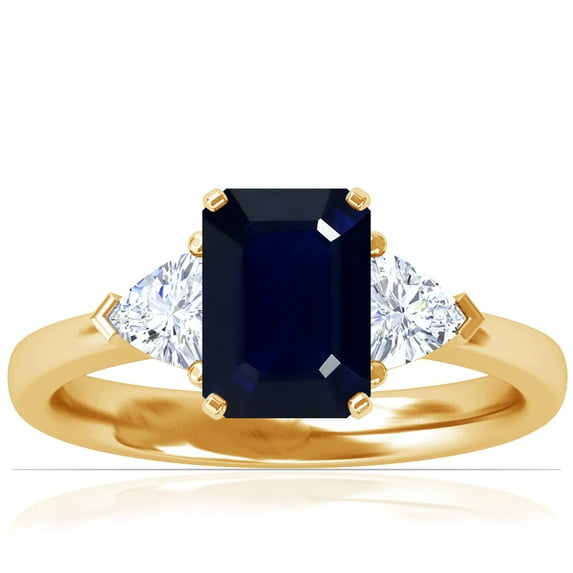 GemsNY September Birthstone - Classic Emerald Cut Blue Sapphire Three Stone Ring with Trillion Cut Side Diamonds For Women (Grade - A | 2.25cttw)
