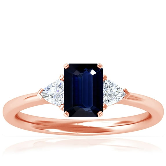 GemsNY September Birthstone - Classic Emerald Cut Blue Sapphire Three Stone Ring with Trillion Cut Side Diamonds For Women (Grade - AA | 0.94cttw)