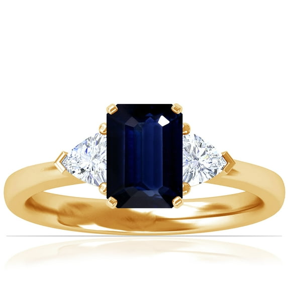 GemsNY September Birthstone - Classic Emerald Cut Blue Sapphire Three Stone Ring with Trillion Cut Side Diamonds For Women (Grade - AA | 1.34cttw)